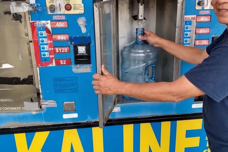 Customer refilling a 5-gallon water dispenser jug at the purified and alkaline water machine at Red Rock Springs Water, Las Vegas