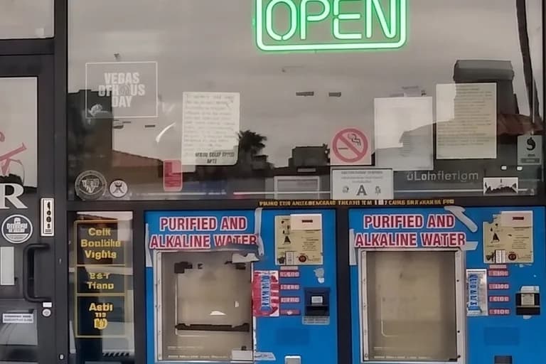 Purified and alkaline water refill machines with OPEN sign at Red Rock Springs Water, 9132 W Sahara Ave, Las Vegas