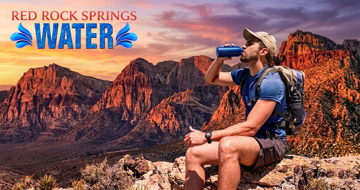 Hiker drinking water at Red Rock Canyon outside Las Vegas in summer heat, Red Rock Springs Water hydration guide