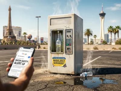 Outdoor water vending machine in a Las Vegas parking lot showing steam and wear with a "Regularly Serviced?" sticker, Las Vegas Strip visible in background