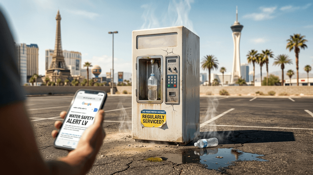 Outdoor water vending machine in a Las Vegas parking lot showing steam and wear with a "Regularly Serviced?" sticker — Las Vegas Strip visible in background
