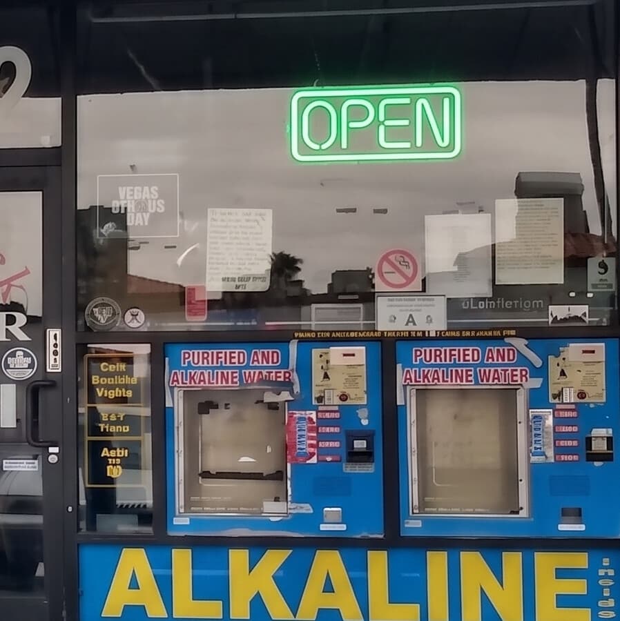 Purified and alkaline water refill machines with OPEN sign at Red Rock Springs Water, 9132 W Sahara Ave, Las Vegas