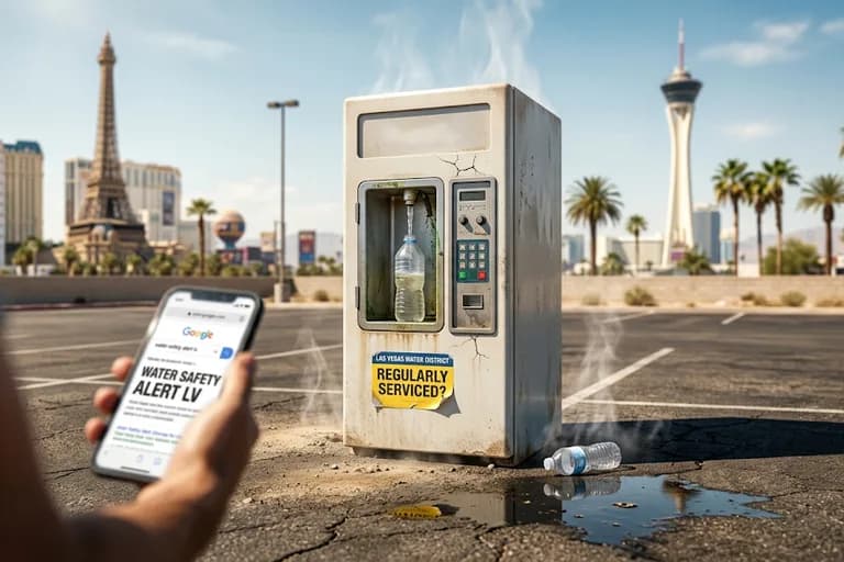 Outdoor water vending machine in a Las Vegas parking lot showing steam and wear with a "Regularly Serviced?" sticker, Las Vegas Strip visible in background